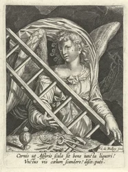 はしご、ハンマー、釘、軟膏容器のある天使